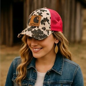 Carhartt Cow Print Distressed Trucker Hat Pink Mesh Ponytail Cap C.C. 🩷